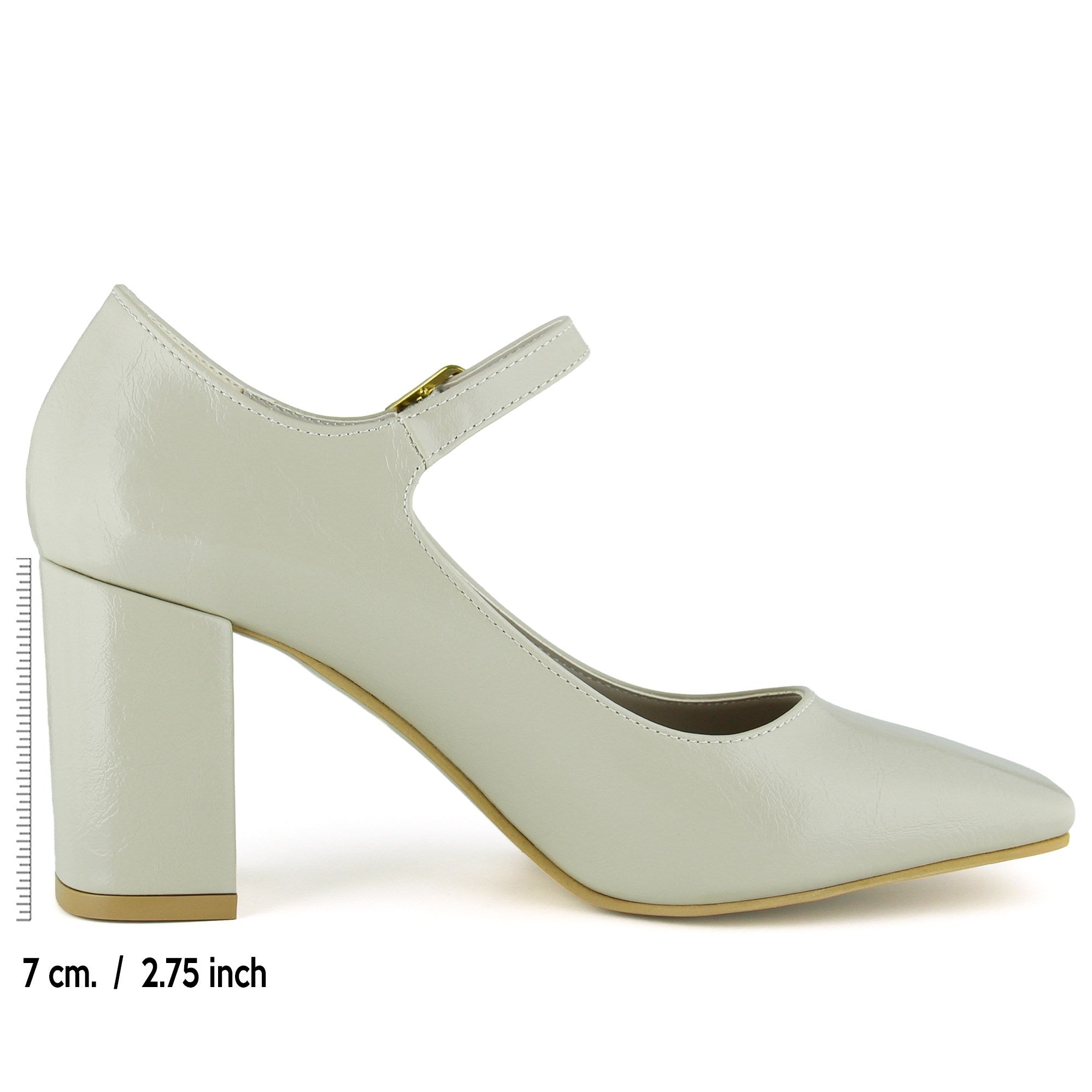 Mary Jane Bej Rugan Kare Burun Bantlı Kalın Topuklu Klasik Ayakkabı