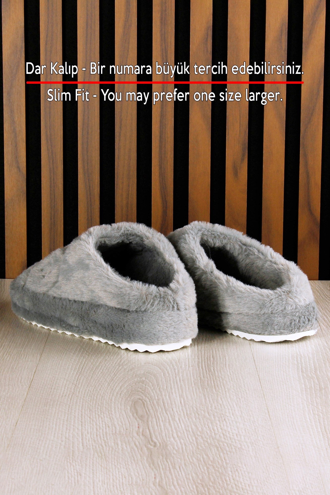 Clara Gri Pelüş - DAR KALIP - Ayıcık Desenli Kalın Düz Tabanlı Sessiz Kadın Ev Terliği