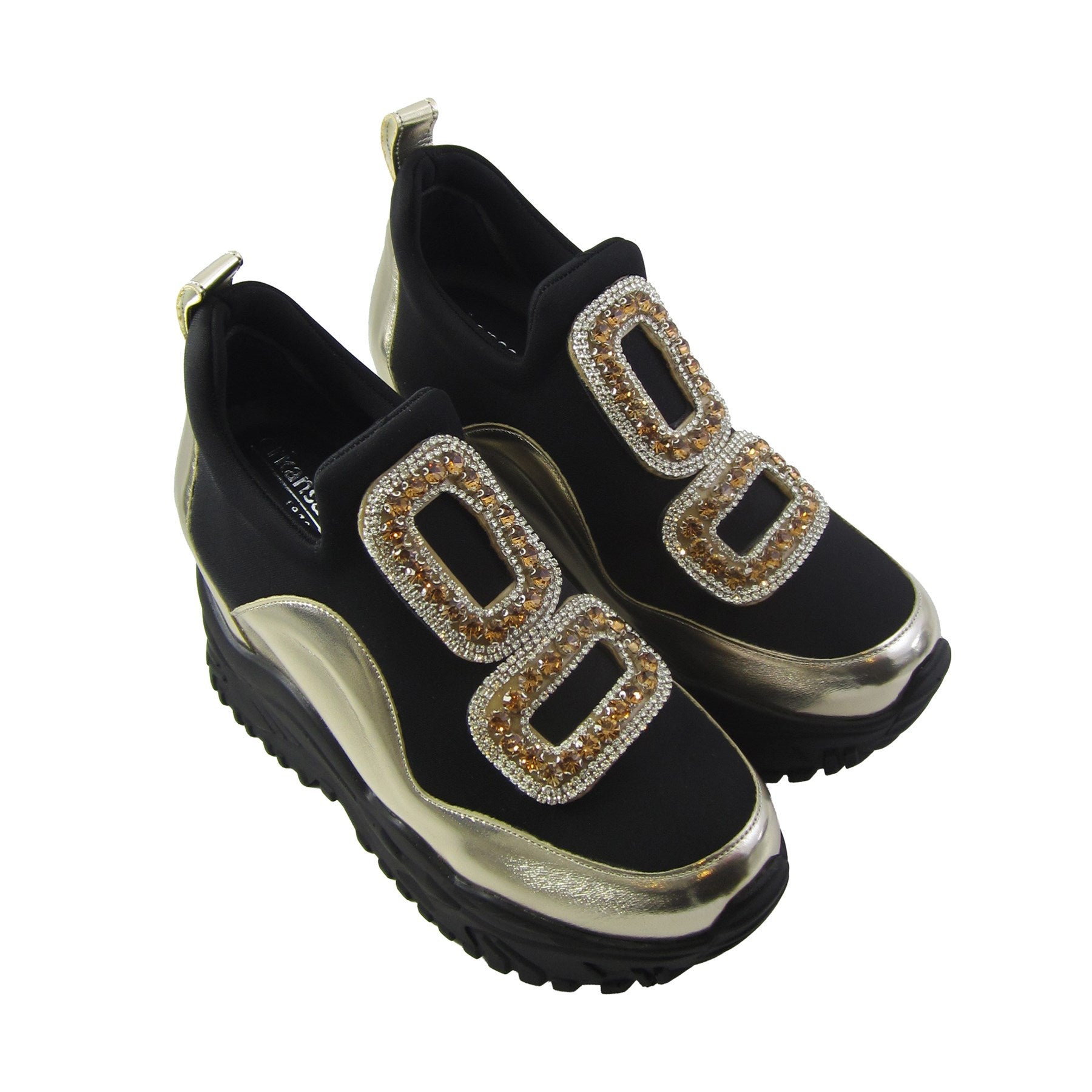 Almendra Altın Streç Taşlı Gizli Dolgu Topuklu Günlük Ayakkabı