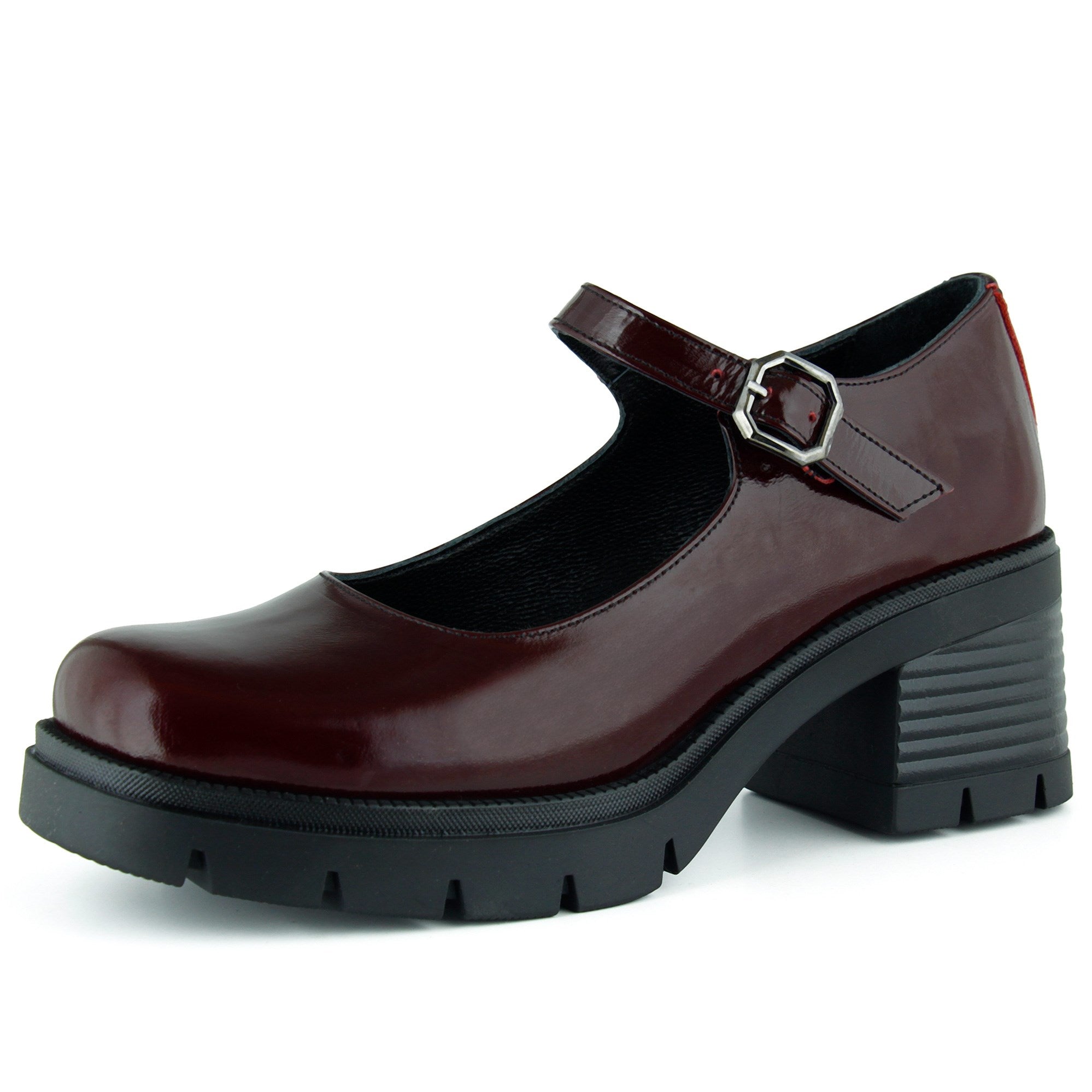 [MAX 5035] Bordo Rugan Hakiki Dana Derisi Mary Jane Kalın Topuklu Günlük Ayakkabı