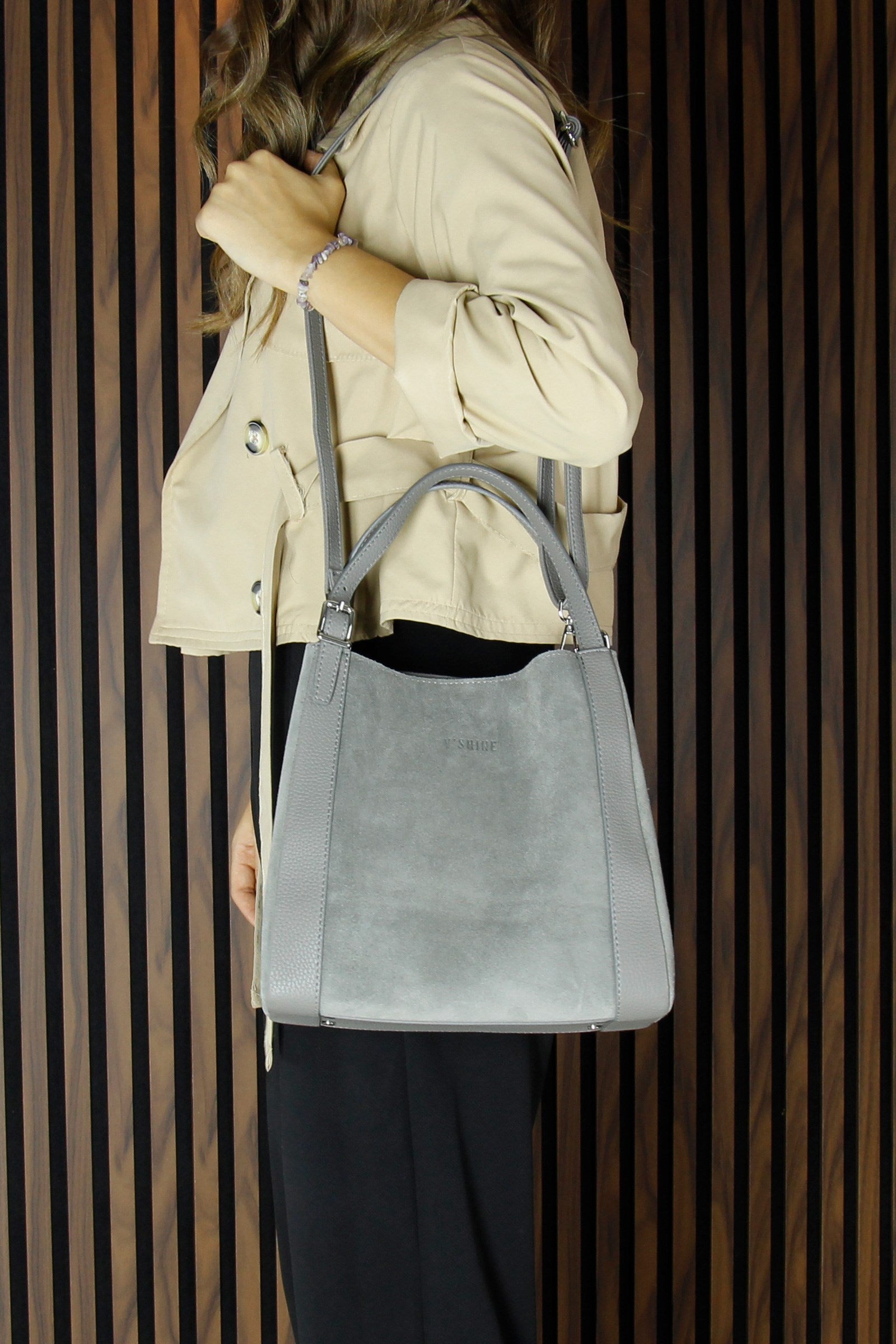 (VSN5012OC) Gri Hakiki Dana Süet Manyetik Kapaklı Büyük Boy Günlük Omuz Çantası ve Askılı El Çantası