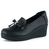 Emma Siyah Hakiki Dana Derisi Fiyonklu Yuvarlak Burun Dolgu Topuklu Günlük Ayakkabı