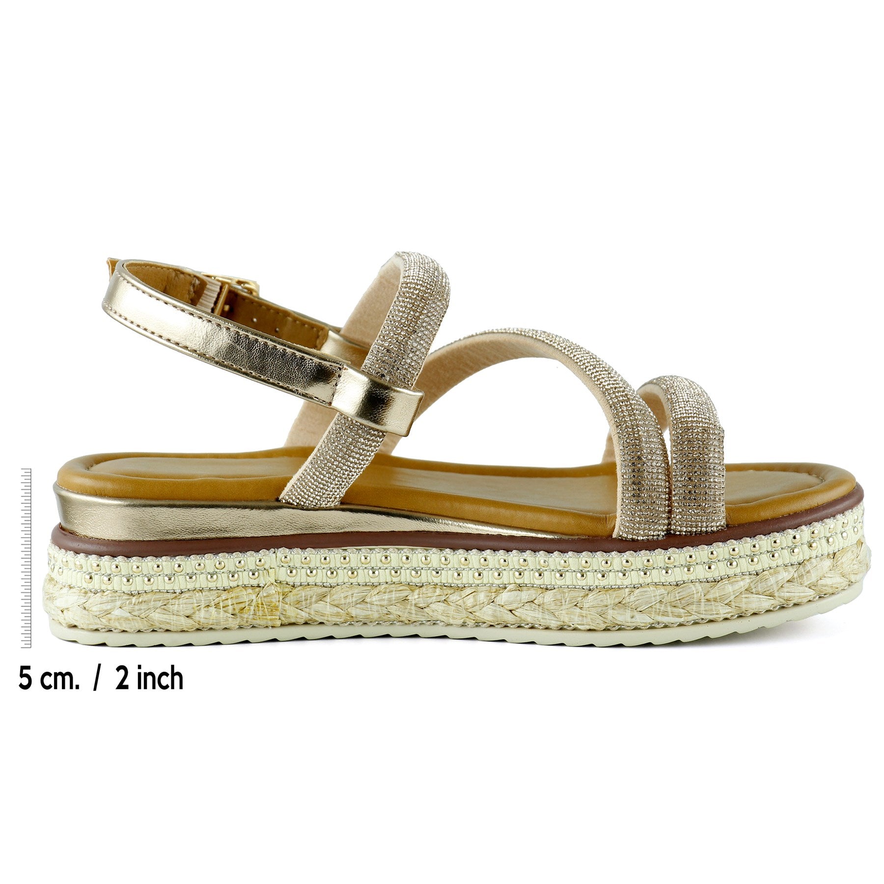 [7027] Bronz Üç Bant Taşlı İnci Detaylı Zikzak Örgülü Platform Sandalet