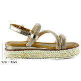 [7027] Bronz Üç Bant Taşlı İnci Detaylı Zikzak Örgülü Platform Sandalet