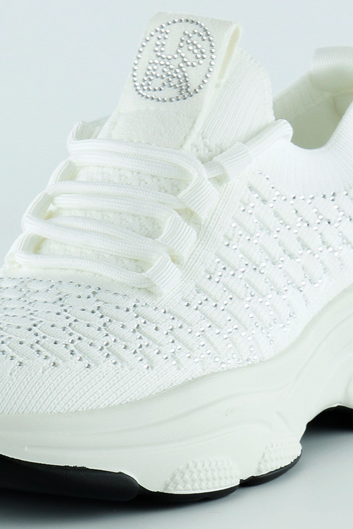[5031] Beyaz Örgü Dokuma Taş Detaylı Bağcıklı Slip-on Sneaker