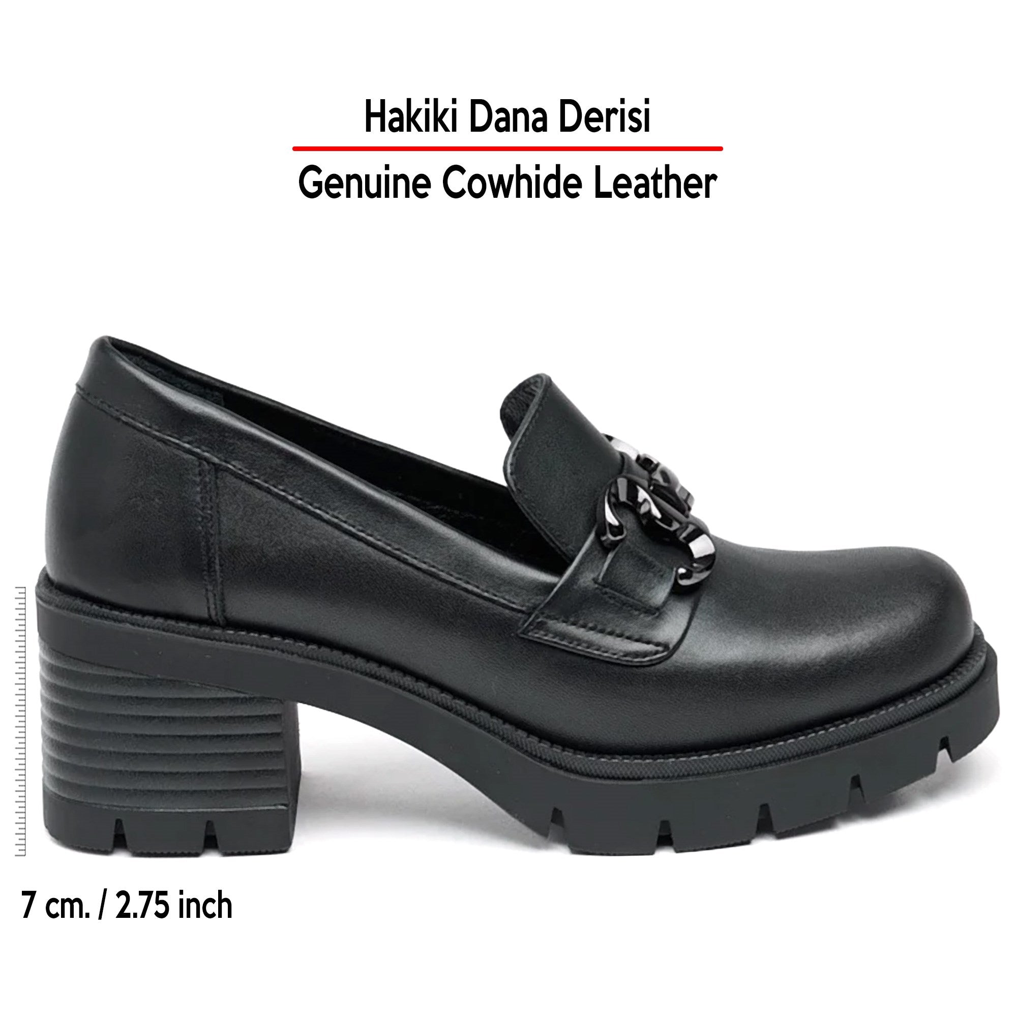 [MAX 5040] Siyah Hakiki Dana Derisi Tokalı Kalın Topuklu Günlük Loafer Ayakkabı