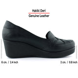 Shay Exclusives Siyah Hakiki Deri Çapraz Bant Detaylı İşlemeli Dolgu Topuklu Günlük Ayakkabı