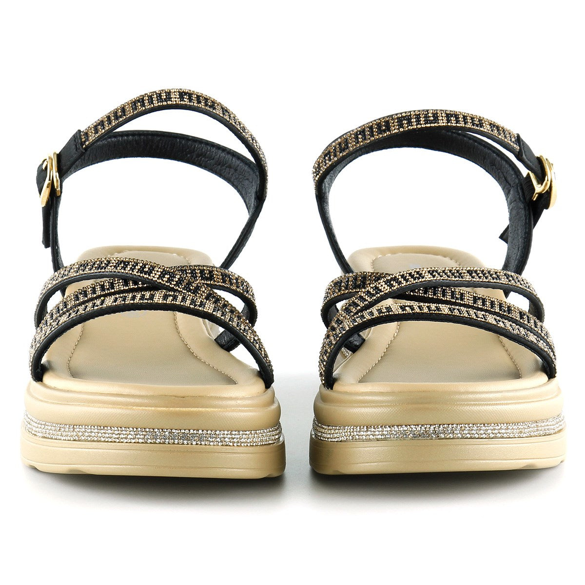 [7026] Siyah Saten Altın Kristal Taşlı Platform Sandalet