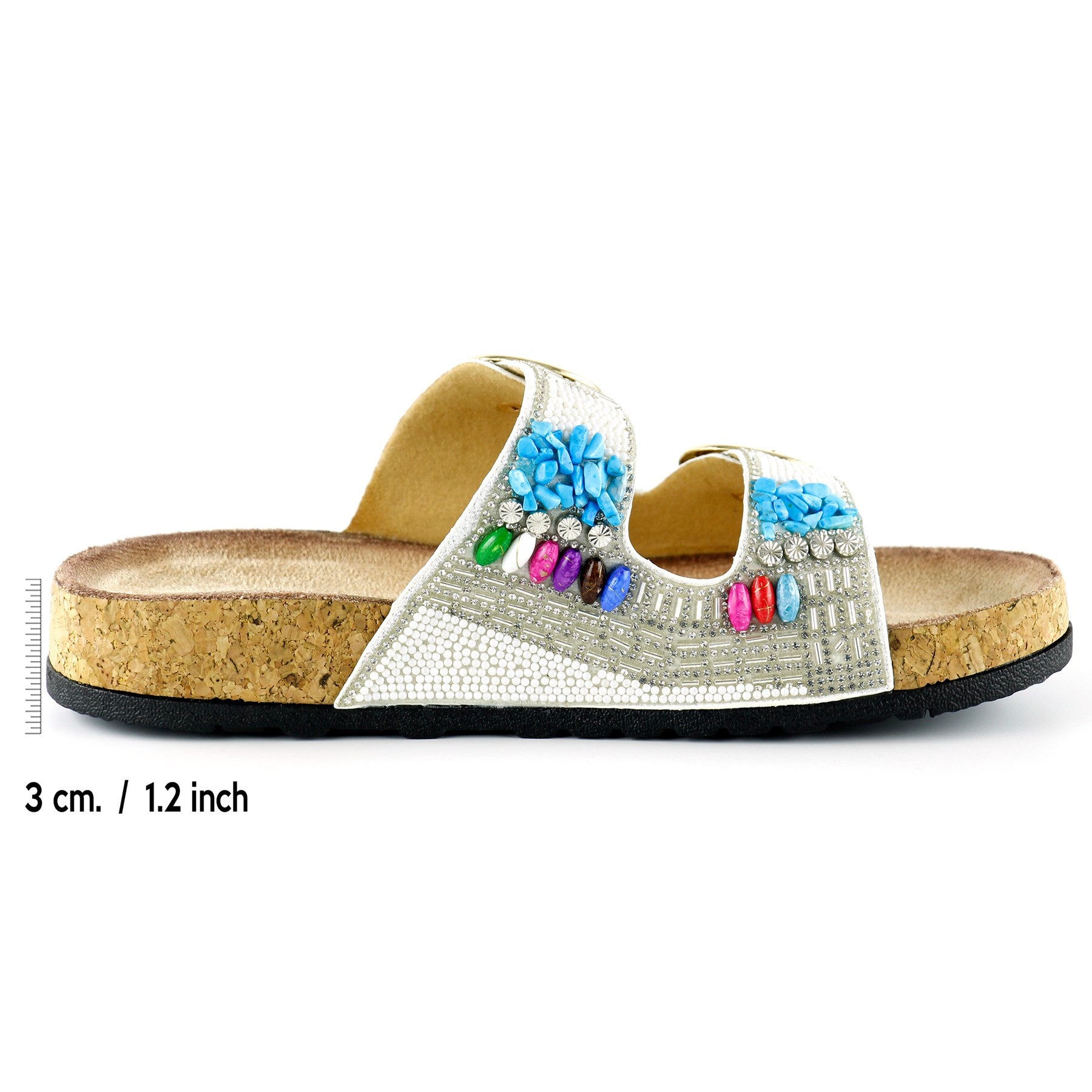 [7048] Beyaz Sabit Çift Bantlı Renkli Taşlı Boncuklu Mantar Taban Görünümlü Terlik