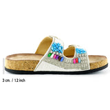 [7048] Beyaz Sabit Çift Bantlı Renkli Taşlı Boncuklu Mantar Taban Görünümlü Terlik