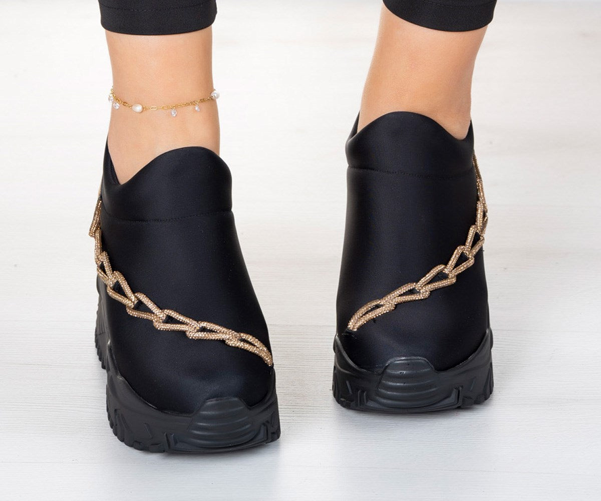 Maggie Siyah Streç Altın Zincirli Gizli Dolgu Günlük Ayakkabı