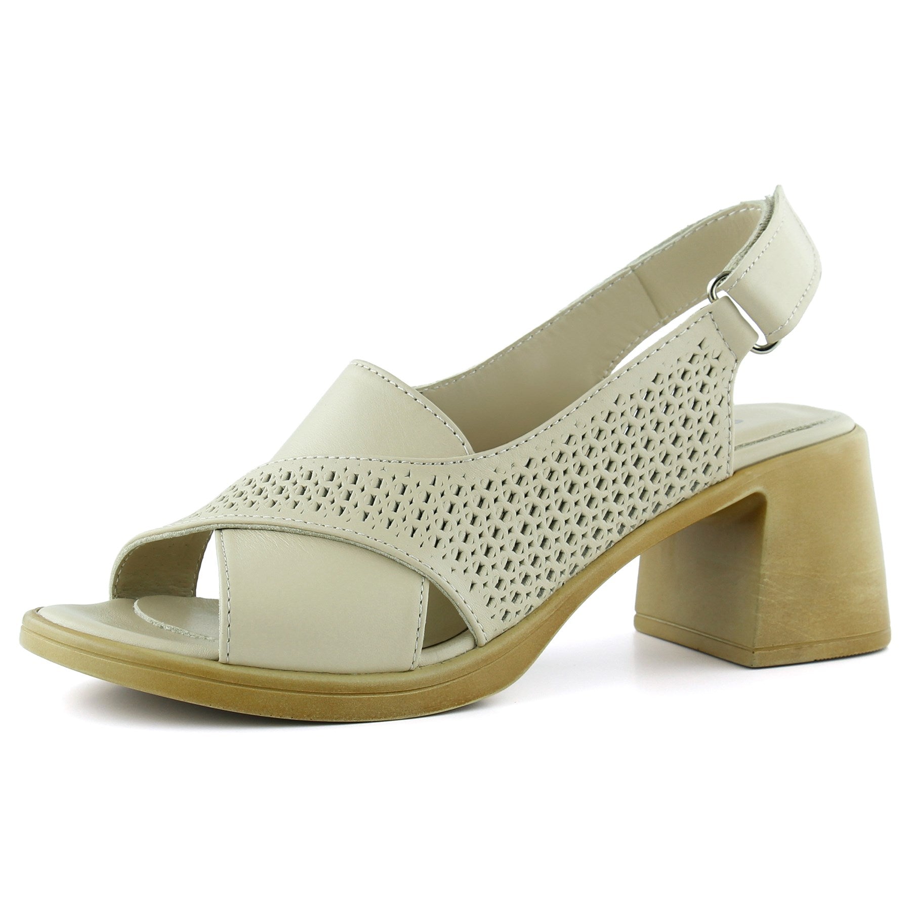 Seras Bej Hakiki Dana Derisi Çapraz Bantlı Delik Detaylı Cırt Bantlı Kalın Topuklu Günlük Sandalet