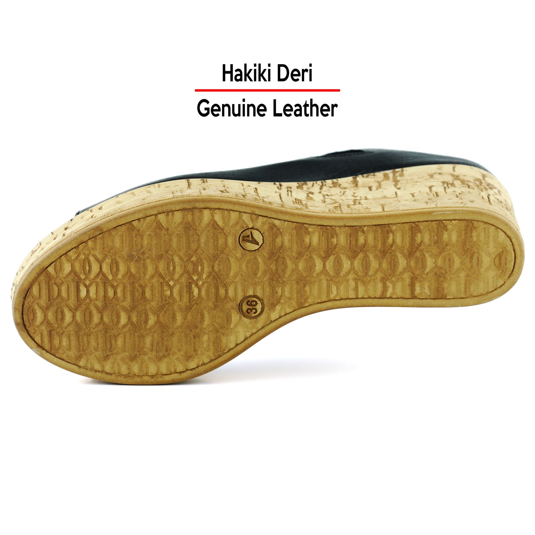 Drusilla Siyah Hakiki Deri Önü Açık Kesik Detaylı Mantar Taban Görünümlü Dolgu Topuklu Terlik