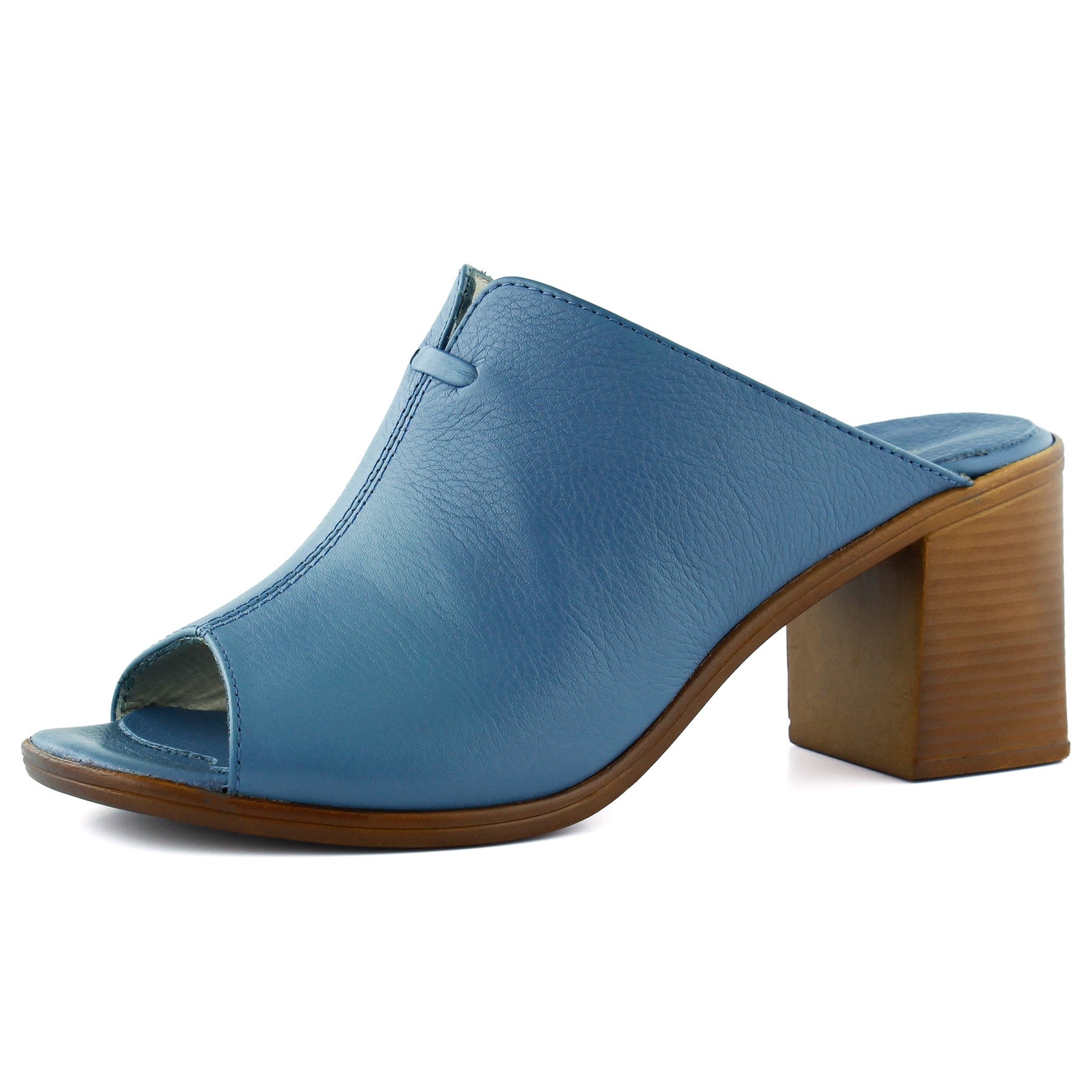 Valery Mavi Hakiki Dana Derisi Önü Açık Kalın Topuklu Terlik