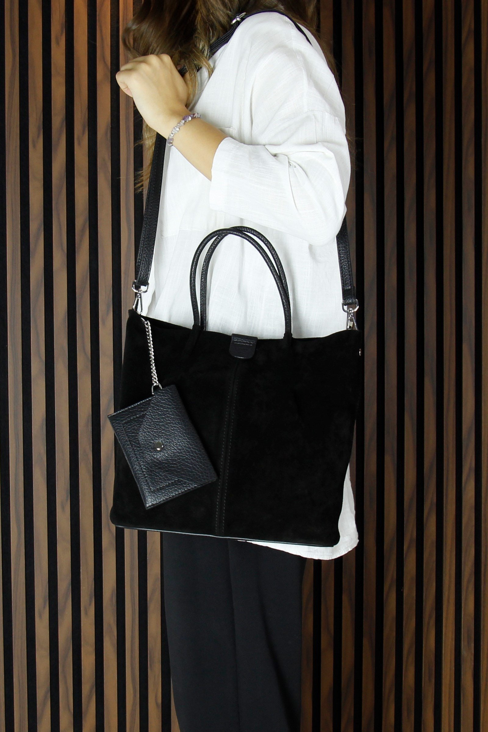 (VSN5010OC) Siyah Hakiki Dana Süet Manyetik Kapaklı İç Cepli Askılı Günlük Büyük Boy Omuz Çantası ve Cüzdanı