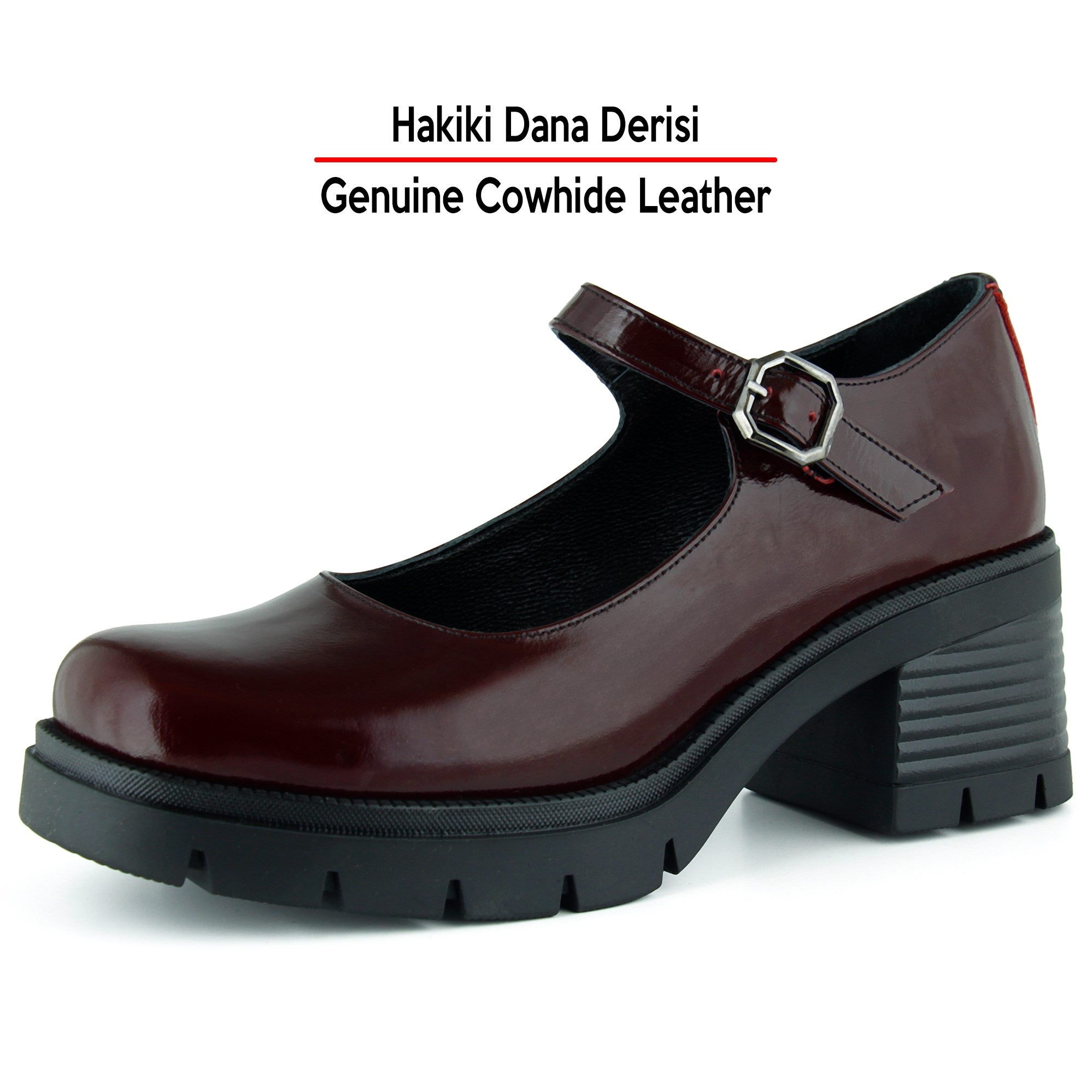 [MAX 5035] Bordo Rugan Hakiki Dana Derisi Mary Jane Kalın Topuklu Günlük Ayakkabı
