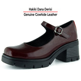 [MAX 5035] Bordo Rugan Hakiki Dana Derisi Mary Jane Kalın Topuklu Günlük Ayakkabı