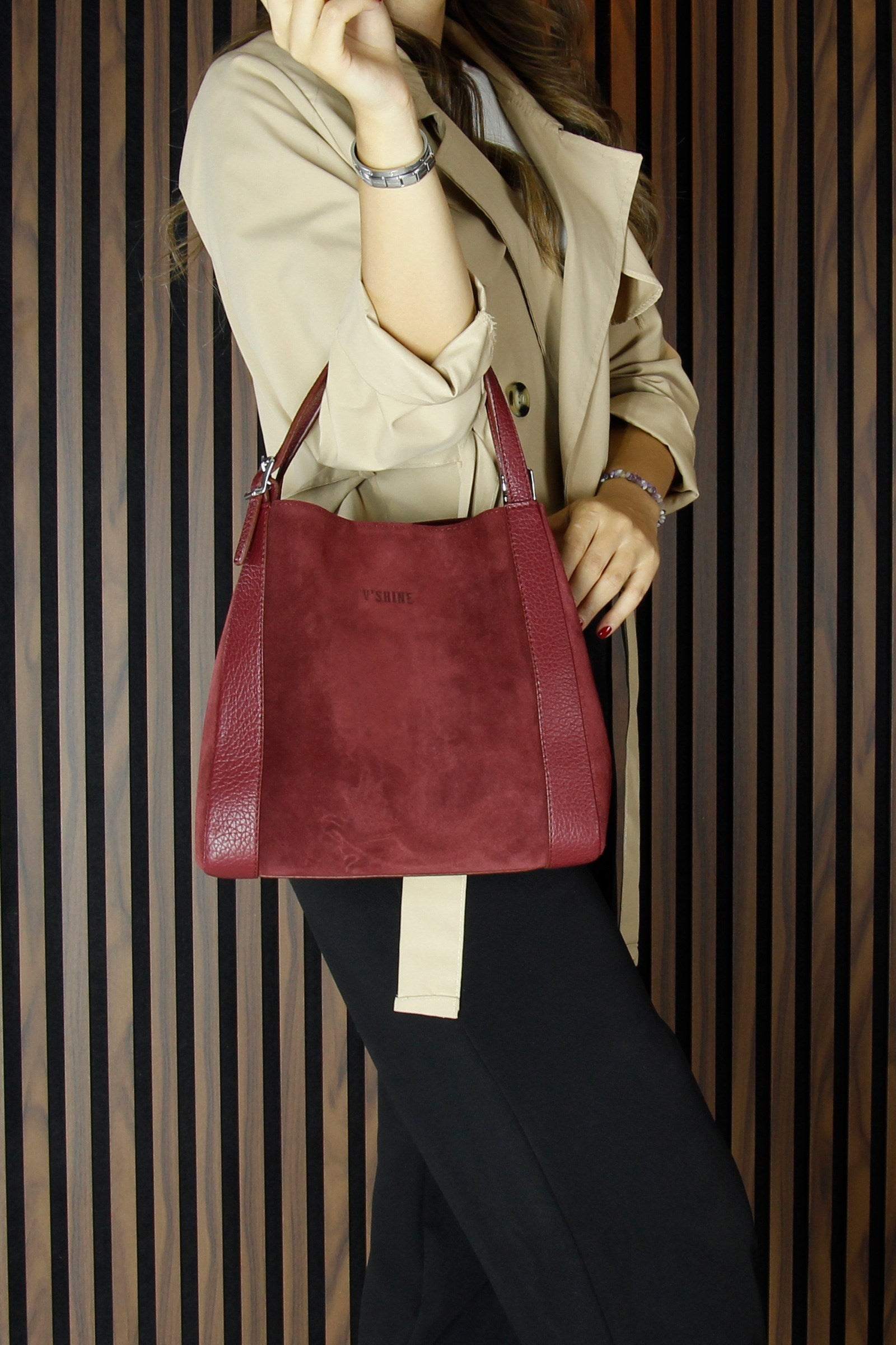 (VSN5012OC) Bordo Hakiki Dana Süet Manyetik Kapaklı Büyük Boy Günlük Omuz Çantası ve Askılı El Çantası