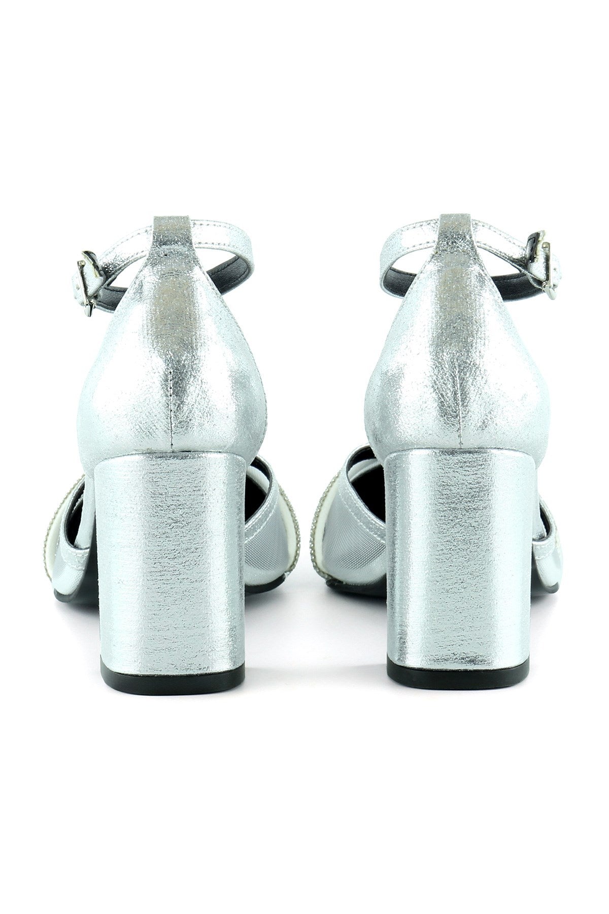 Molly Lame Taşlı Fileli Kalın Topuklu Ayakkabı