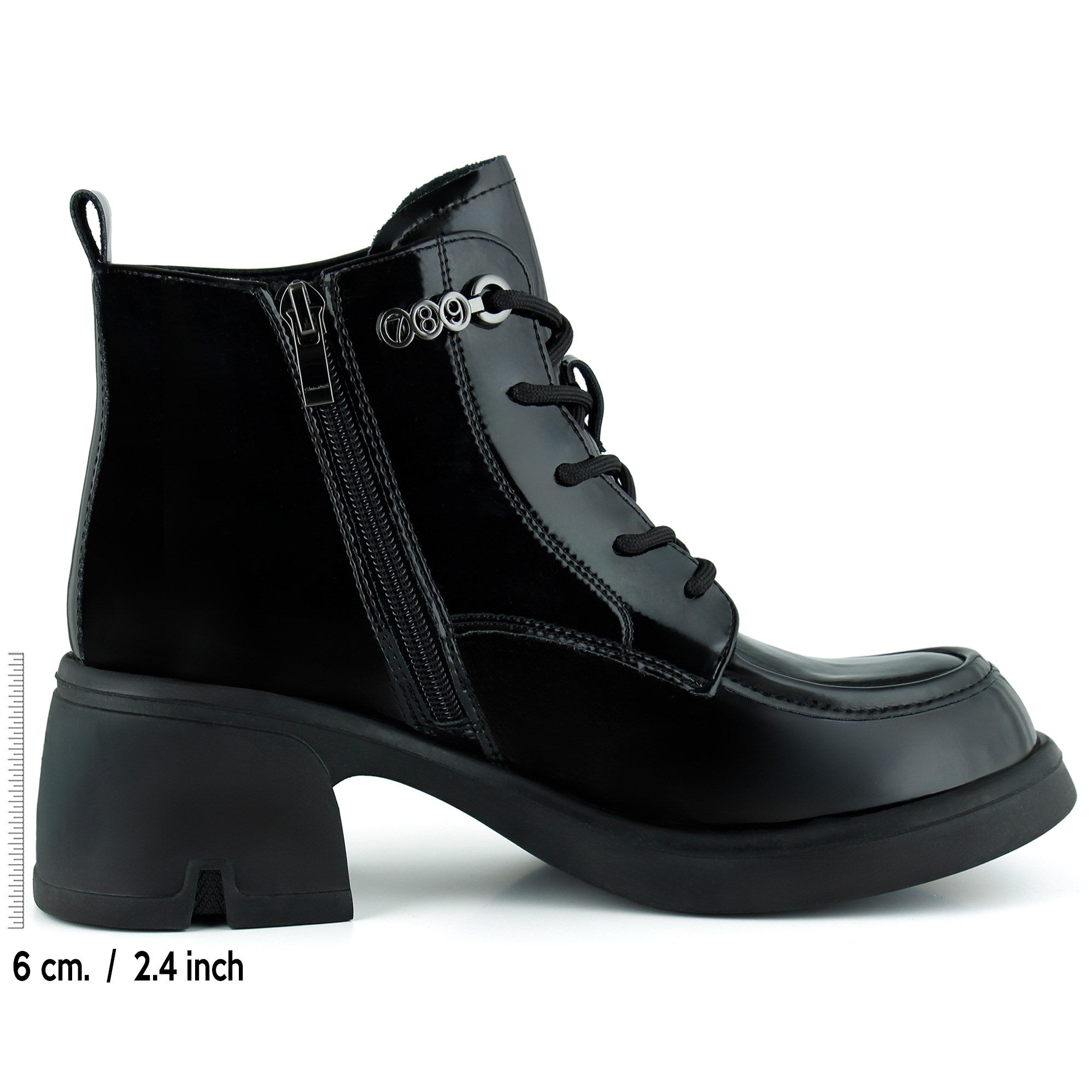 [8079] Siyah Rugan Bağcıklı Fermuarlı Kürk Astarlı Yuvarlak Burun Kalın Topuklu Günlük Bot