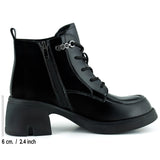 [8079] Siyah Rugan Bağcıklı Fermuarlı Kürk Astarlı Yuvarlak Burun Kalın Topuklu Günlük Bot