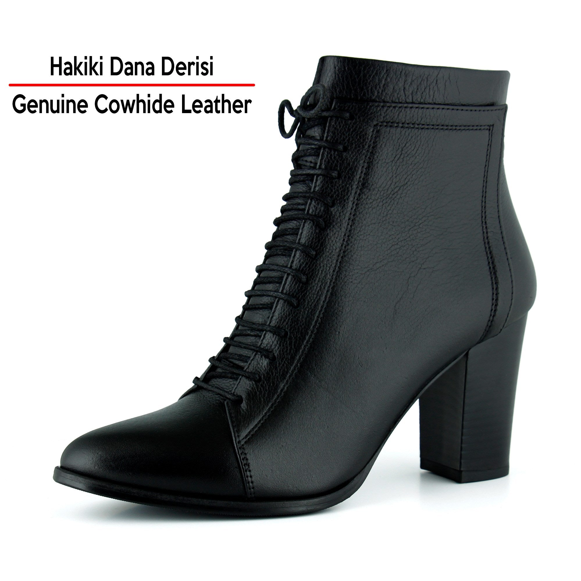 [MAX 234] Siyah Hakiki Dana Derisi Bağcıklı Fermuarlı Sivri Burun Kalın Topuklu Günlük Bot
