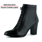[MAX 234] Siyah Hakiki Dana Derisi Bağcıklı Fermuarlı Sivri Burun Kalın Topuklu Günlük Bot