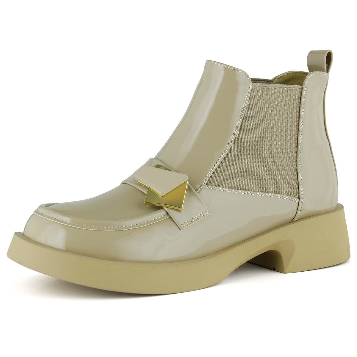 [8078] Bej Rugan Streç Taşlı Tokalı Yuvarlak Burun Kalın Topuklu Günlük Bot