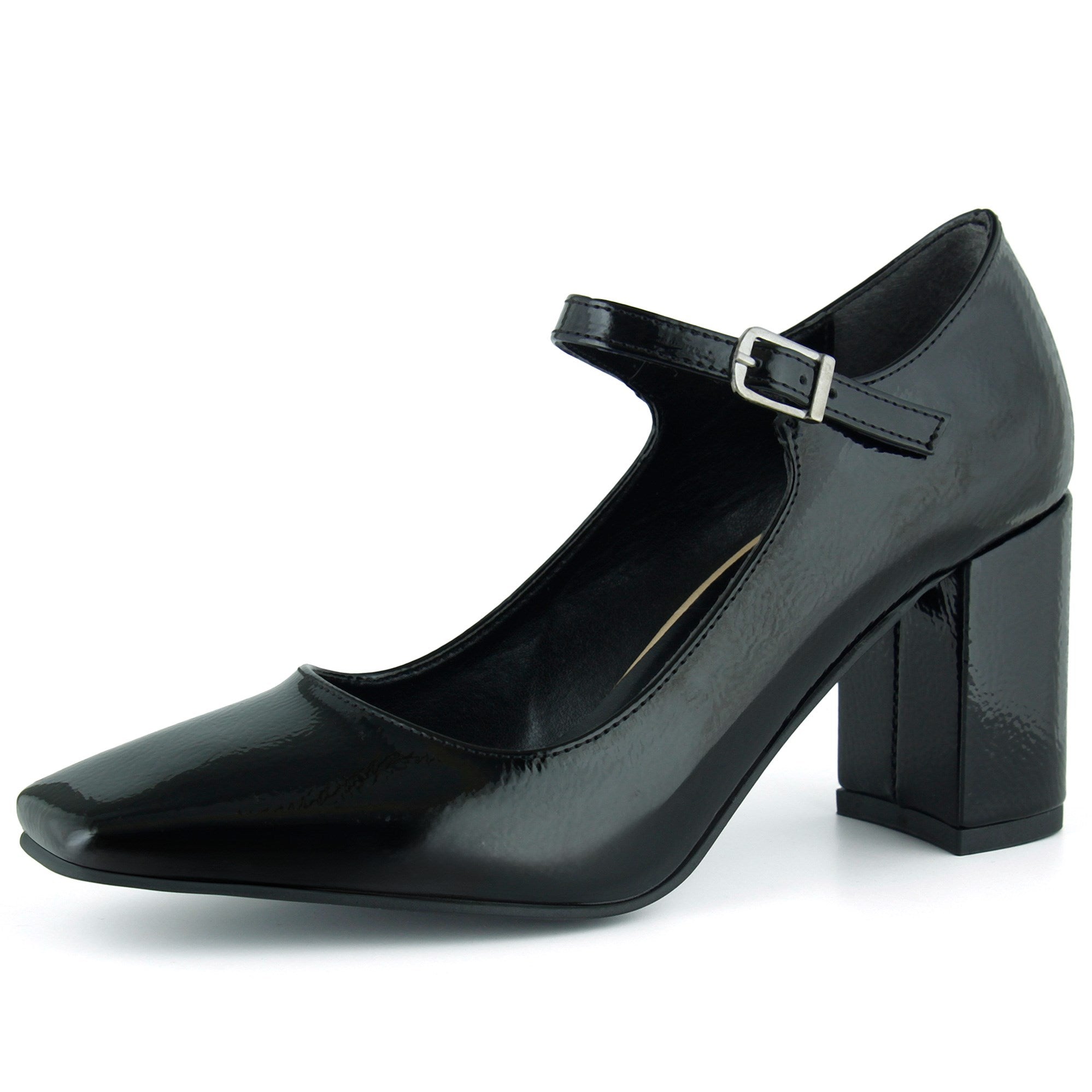 Mary Jane Siyah Rugan Kare Burun Bantlı Kalın Topuklu Klasik Ayakkabı