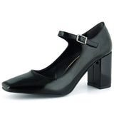 Mary Jane Siyah Rugan Kare Burun Bantlı Kalın Topuklu Klasik Ayakkabı