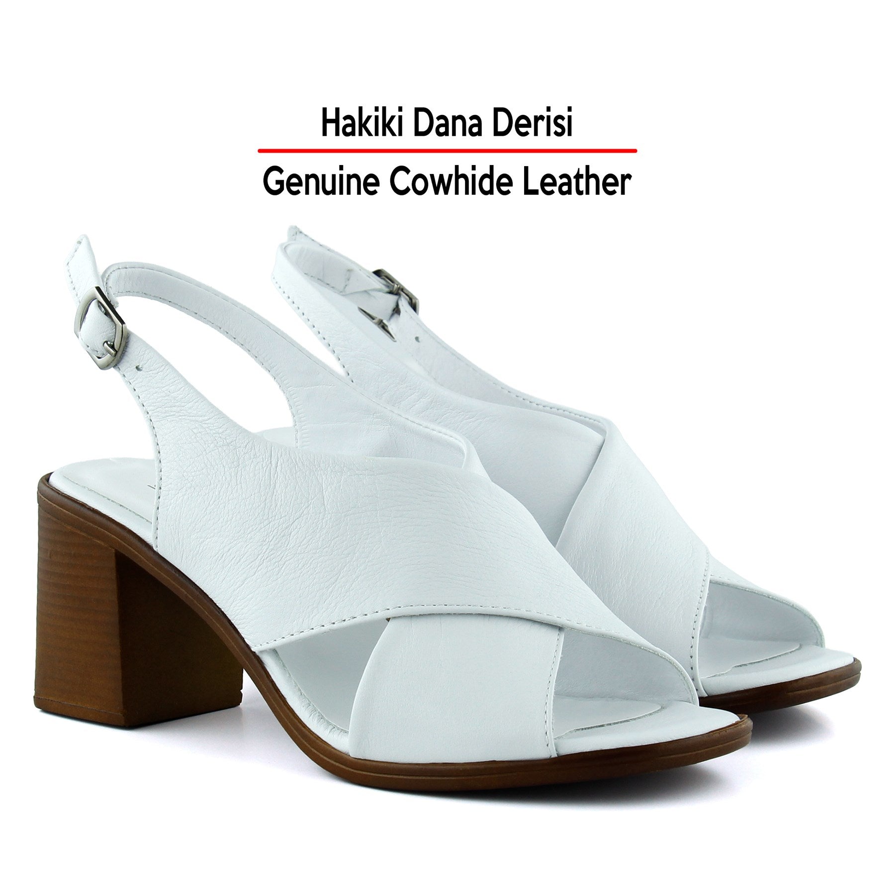 Soleil Beyaz Hakiki Dana Derisi Çapraz Bantlı Kalın Topuklu Rahat Günlük Sandalet