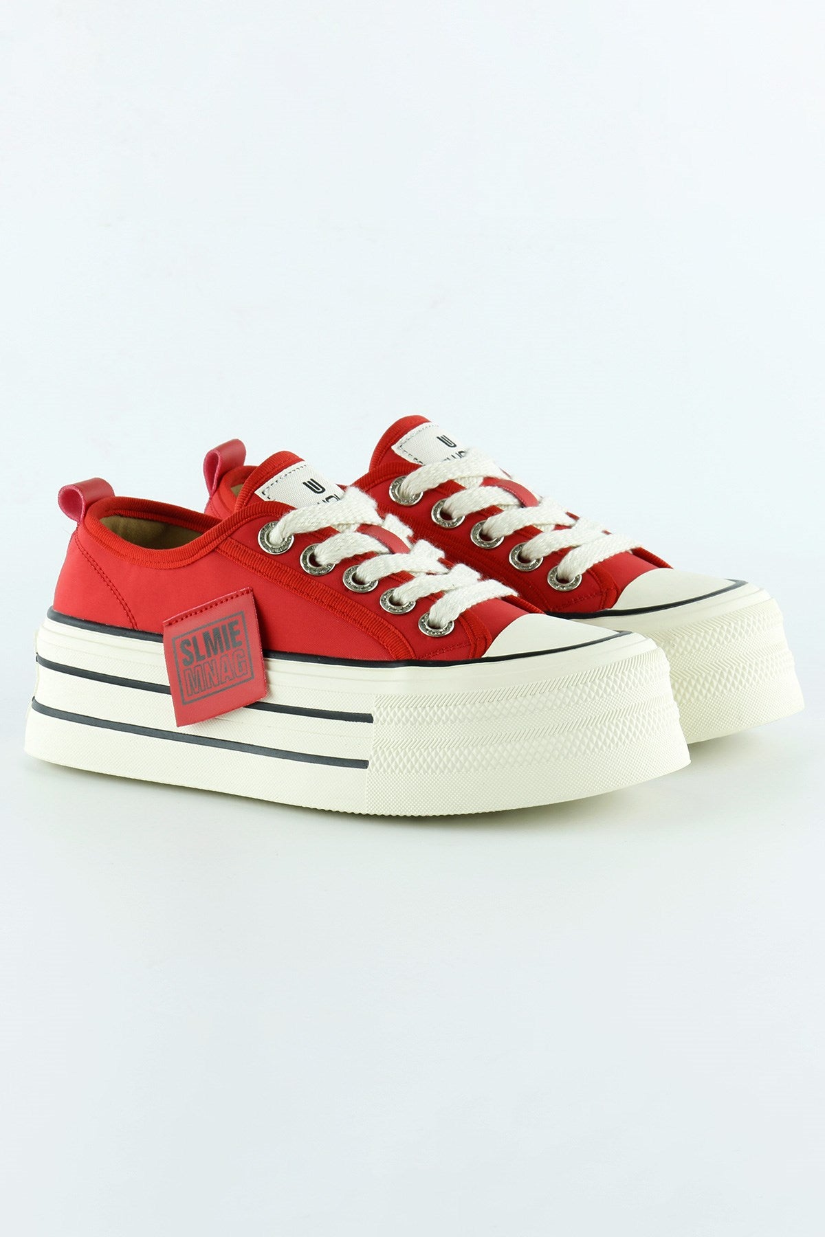 [5016] Kırmızı Saten Yüksek Taban Spor Taşlı Bağcıklı Platform Sneaker