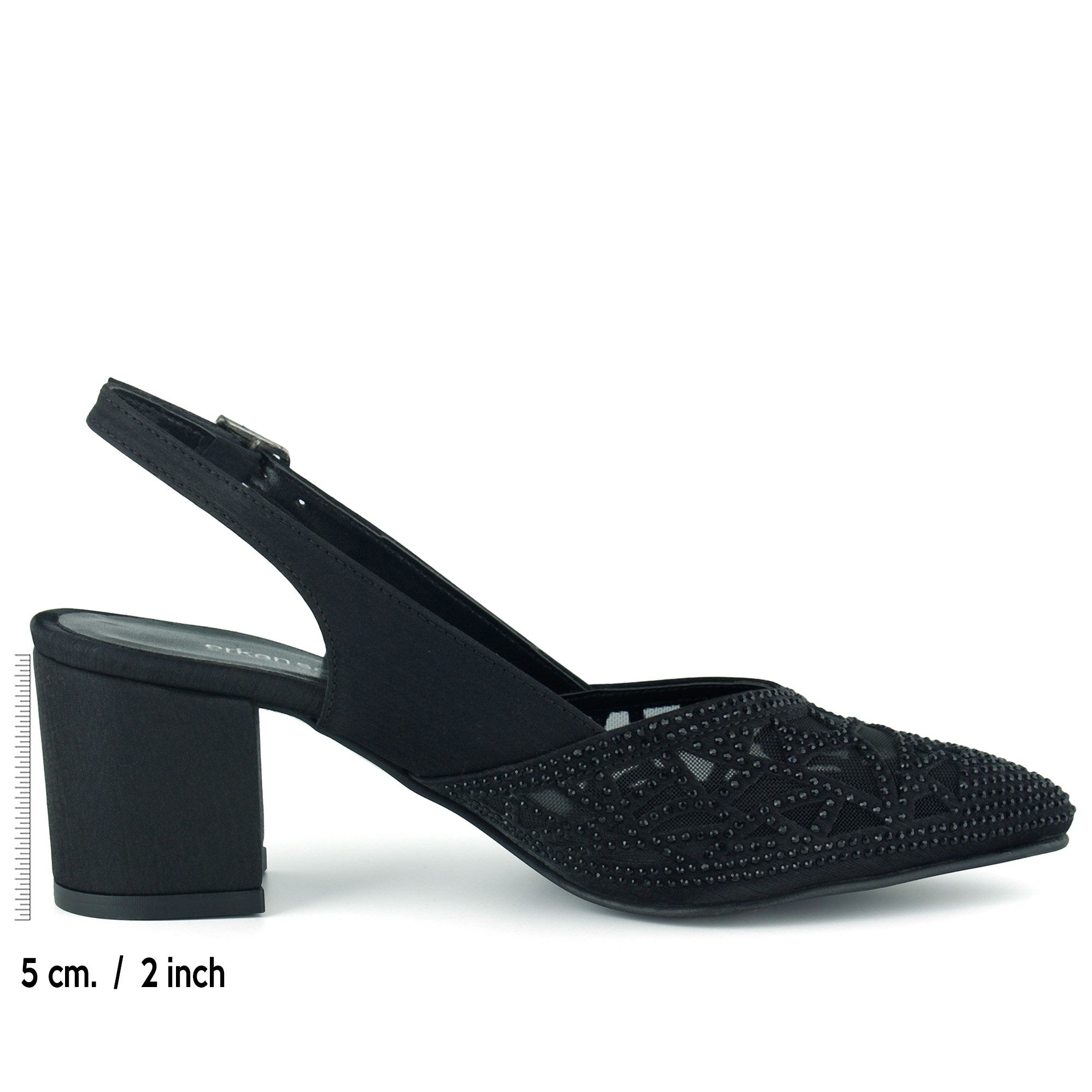 Estelle Siyah Saten Taşlı Fileli Sivri Burun Kalın Topuklu Arkası Açık Abiye Ayakkabı