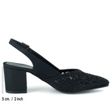 Estelle Siyah Saten Taşlı Fileli Sivri Burun Kalın Topuklu Arkası Açık Abiye Ayakkabı