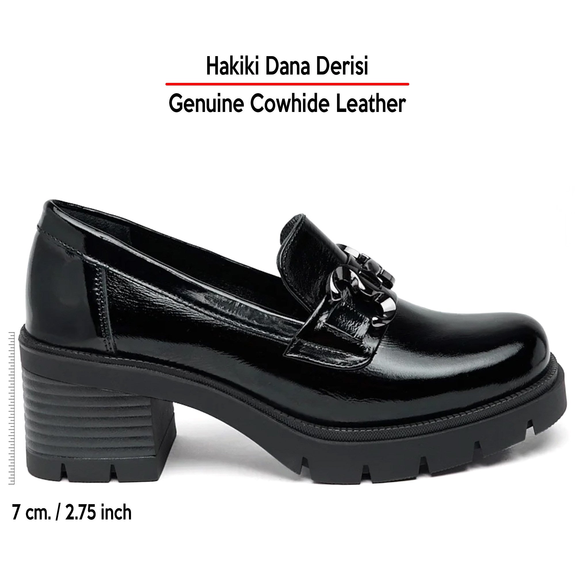 [MAX 5040] Siyah Rugan Hakiki Dana Derisi Tokalı Kalın Topuklu Günlük Loafer Ayakkabı