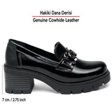 [MAX 5040] Siyah Rugan Hakiki Dana Derisi Tokalı Kalın Topuklu Günlük Loafer Ayakkabı
