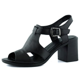 Svajone Siyah Hakiki Dana Derisi Kesik Detaylı Tokalı Kalın Topuklu Rahat Günlük Sandalet