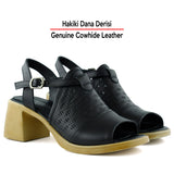 Amanda Siyah Hakiki Dana Derisi Kesik Detaylı Ayarlanabilir Tokalı Kalın Topuklu Günlük Sandalet