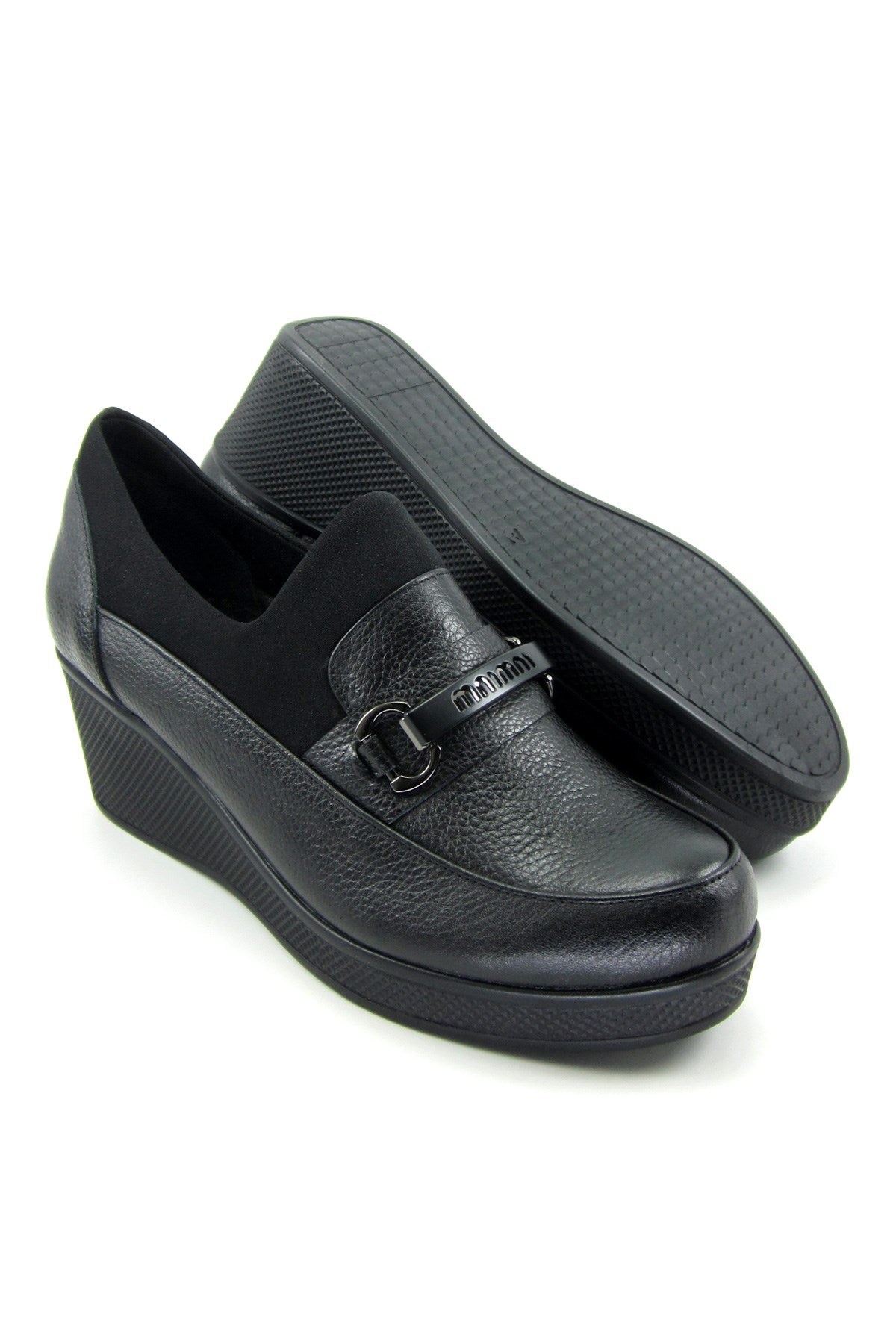 Catherine Siyah Hakiki Deri Dolgu Topuklu Streç Günlük Ayakkabı