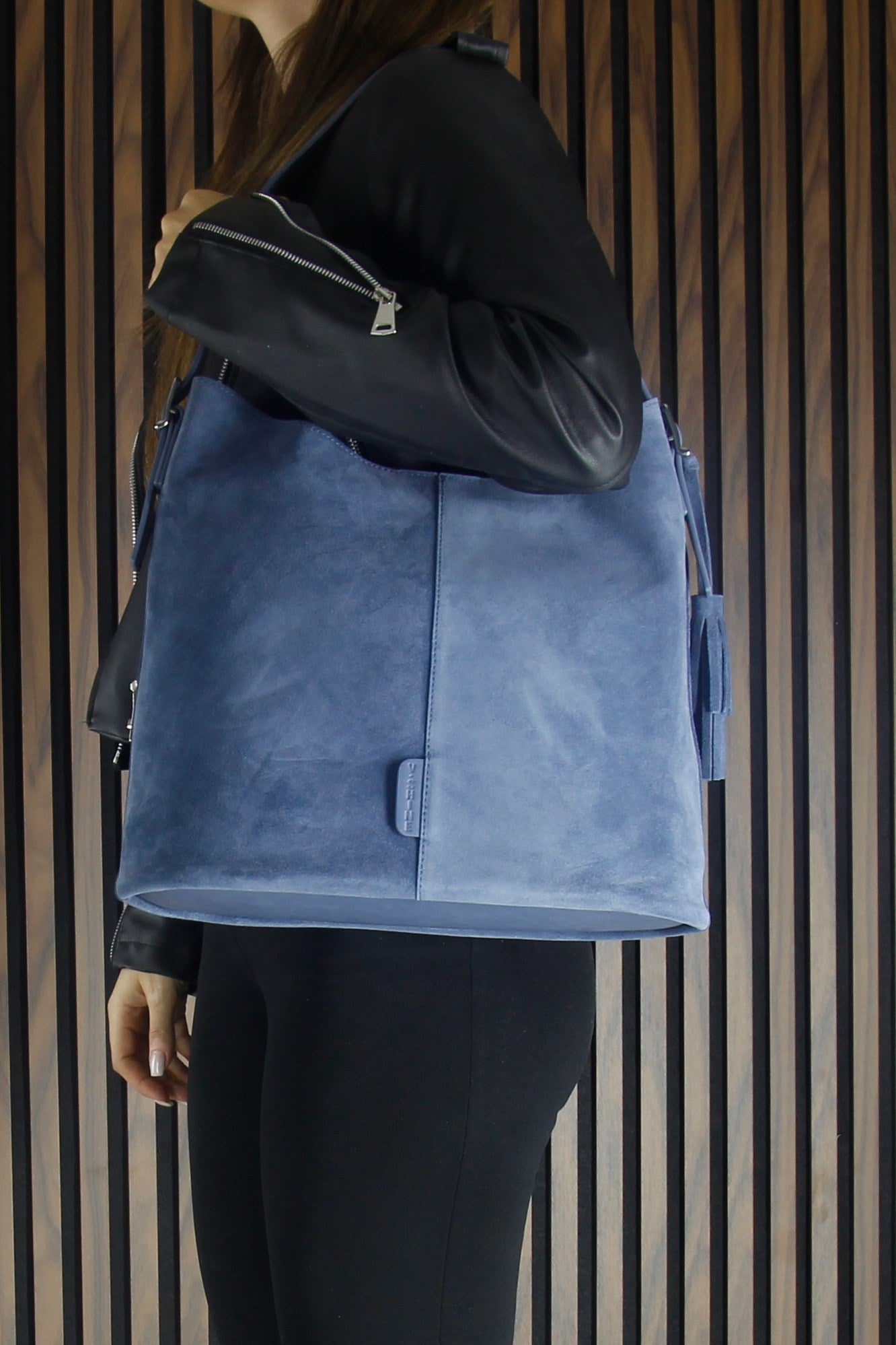 (VSN5016OC) Mavi Hakiki Dana Süet Püsküllü Manyetik Kapaklı Büyük Boy Günlük Omuz Çantası ve El Çantası