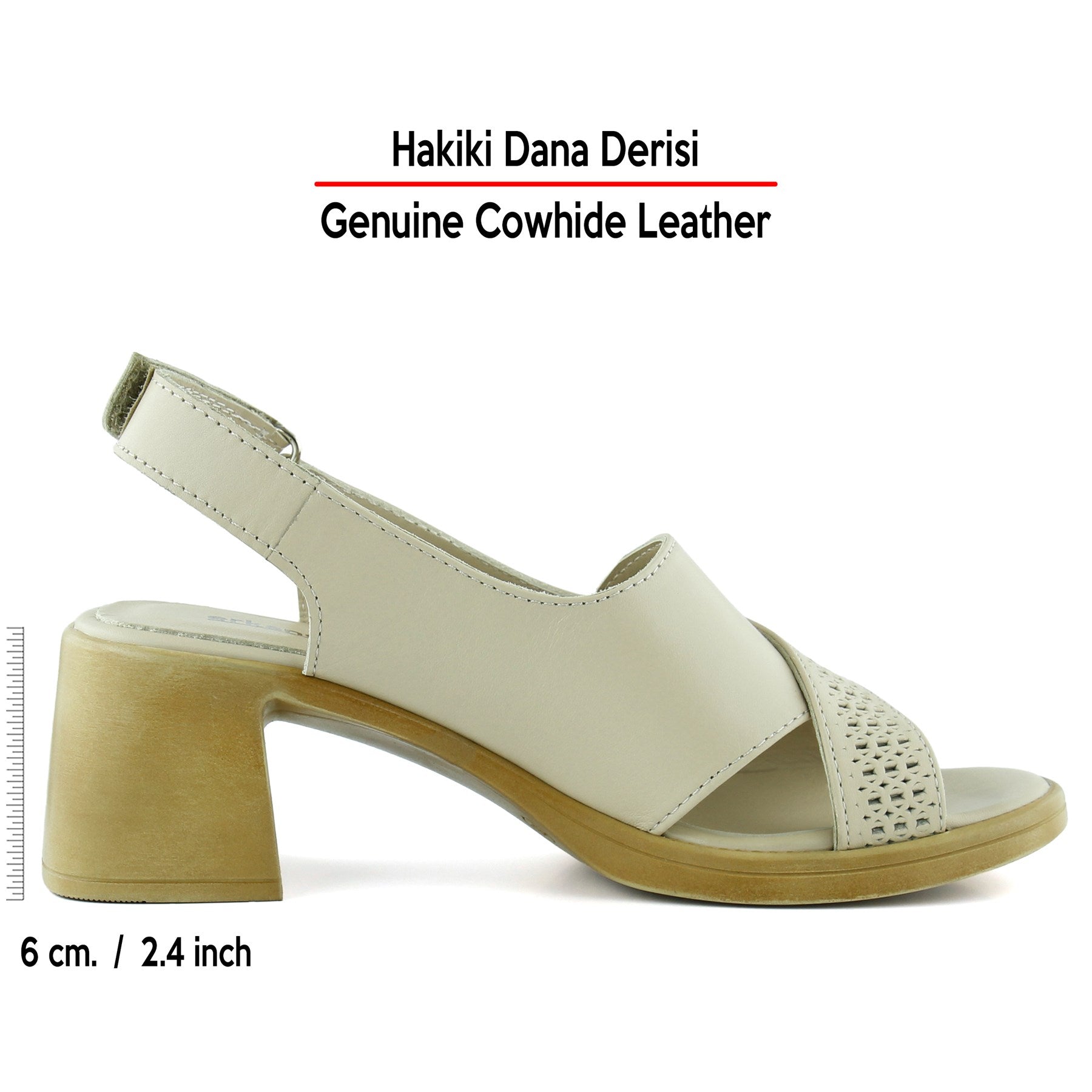 Seras Bej Hakiki Dana Derisi Çapraz Bantlı Delik Detaylı Cırt Bantlı Kalın Topuklu Günlük Sandalet