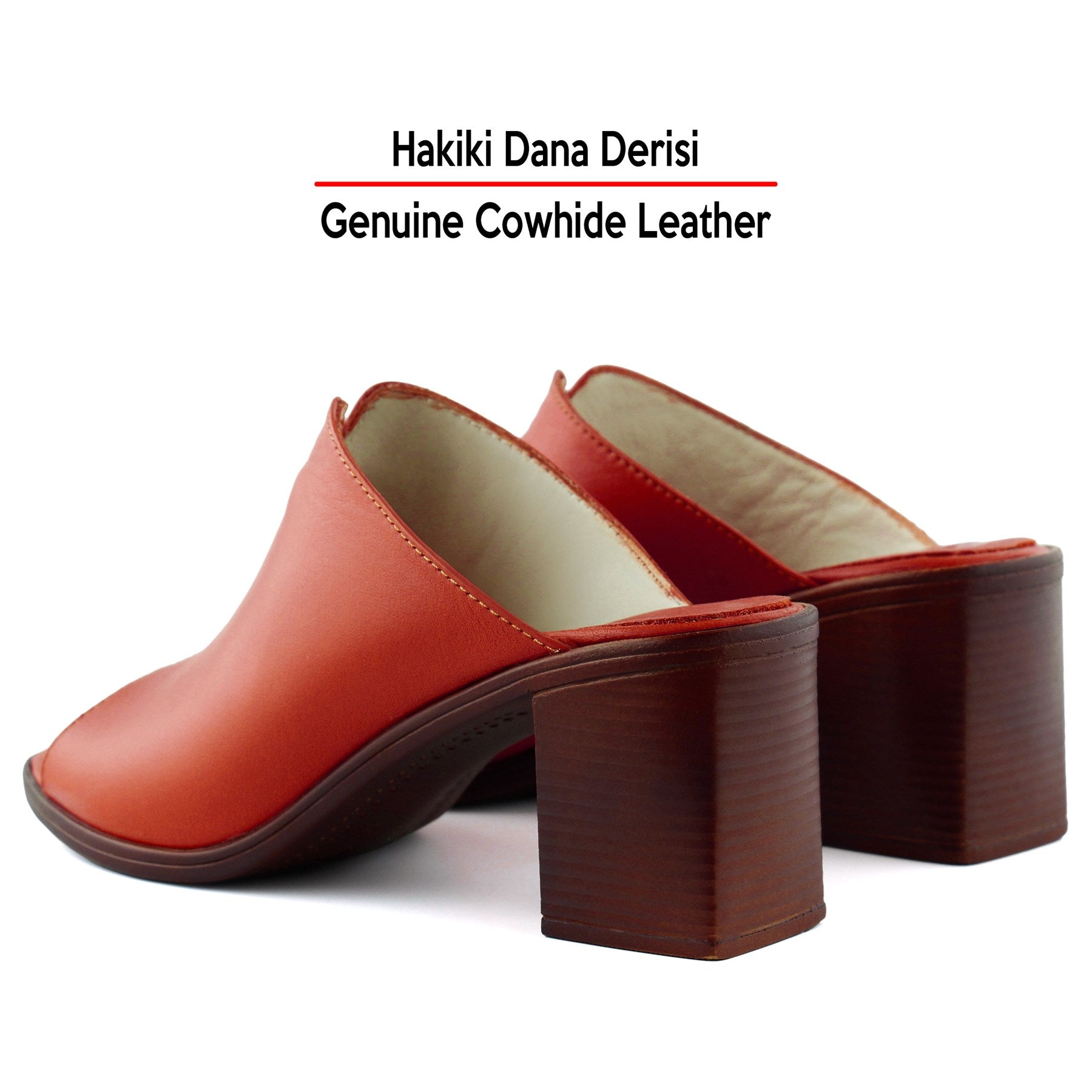 Valery Kırmızı Hakiki Dana Derisi Önü Açık Kalın Topuklu Terlik