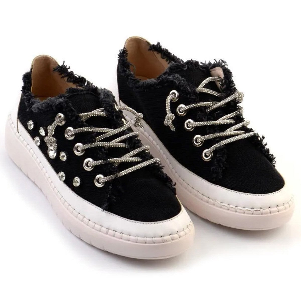 Valentina Siyah Denim Kristal Taşlı Gümüş Bağcıklı Sneaker