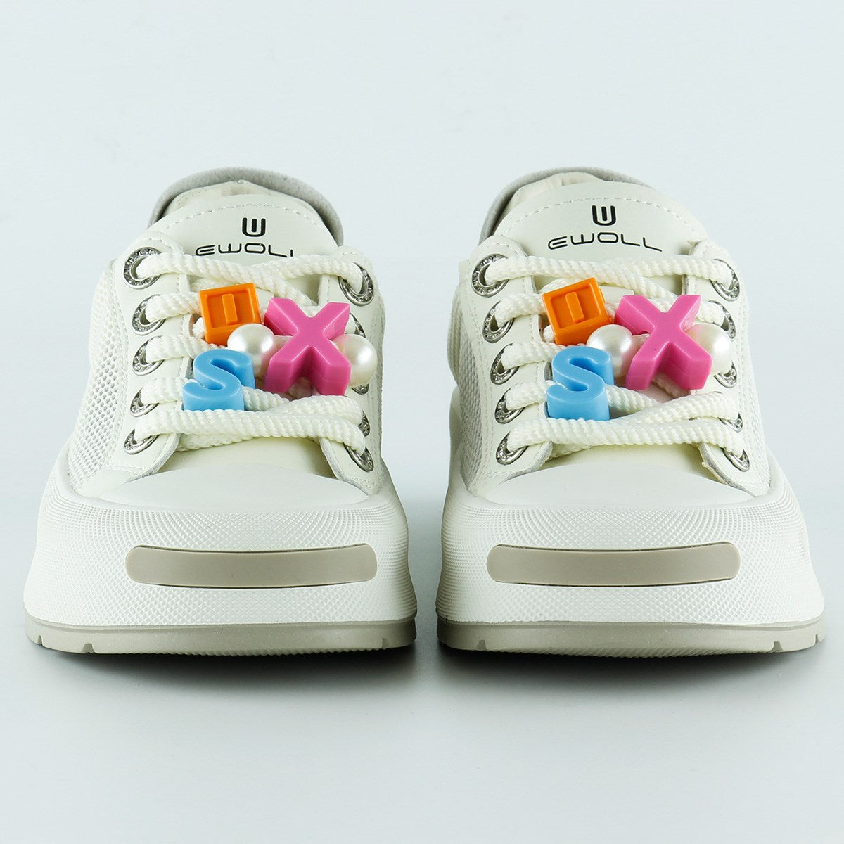 [5020] Bej Yüksek Taban Spor Fileli Harf Detaylı İncili Bağcıklı Platform Sneaker