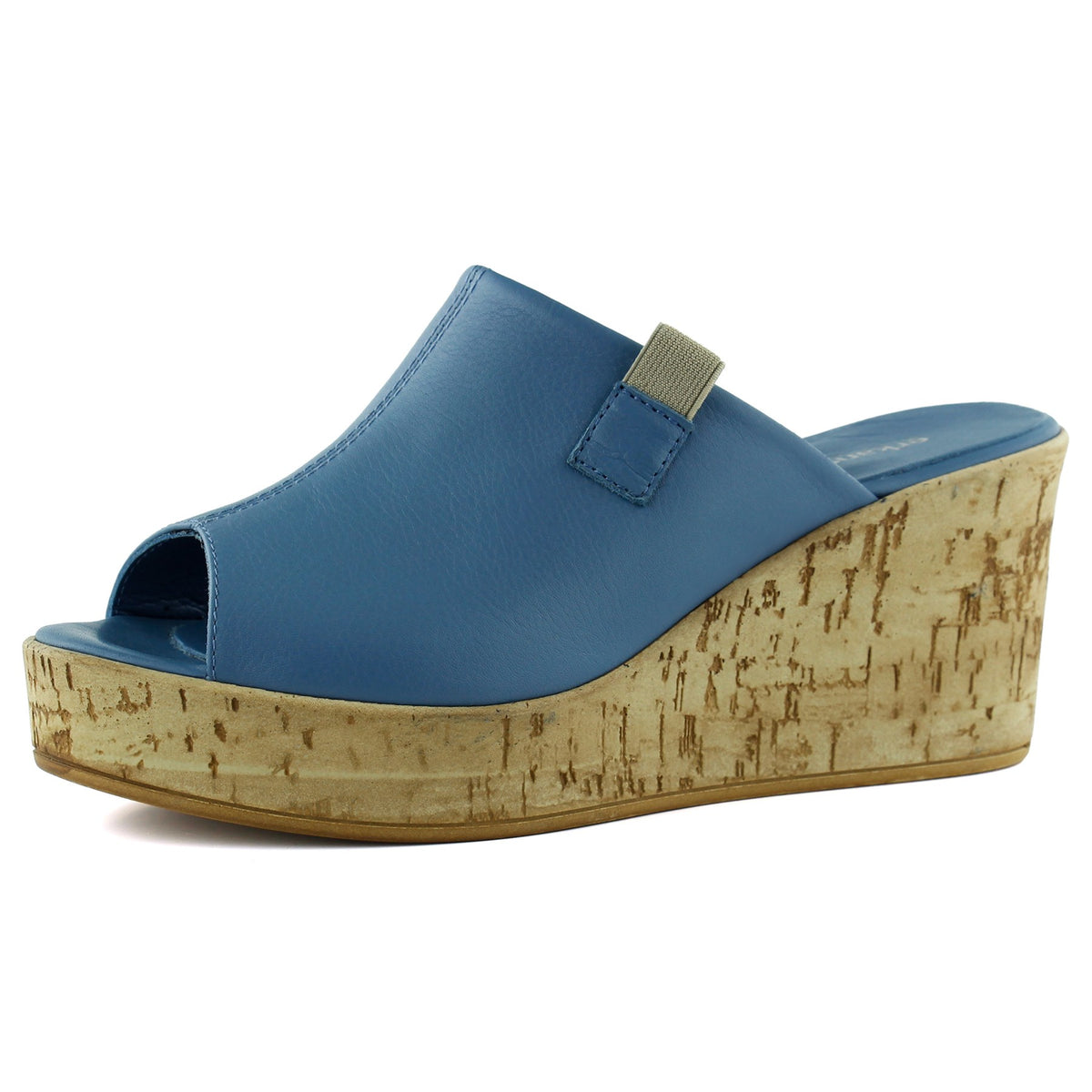 Fitoria Mavi Hakiki Dana Derisi Önü Açık Mantar Taban Görünümlü Dolgu Topuklu Terlik