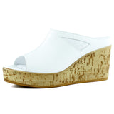 Drusilla Beyaz Hakiki Deri Önü Açık Kesik Detaylı Mantar Taban Görünümlü Dolgu Topuklu Terlik