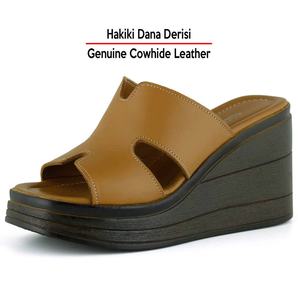 Hermine Plus Taba Hakiki Dana Derisi Özel Kesim Dolgu Topuklu Terlik