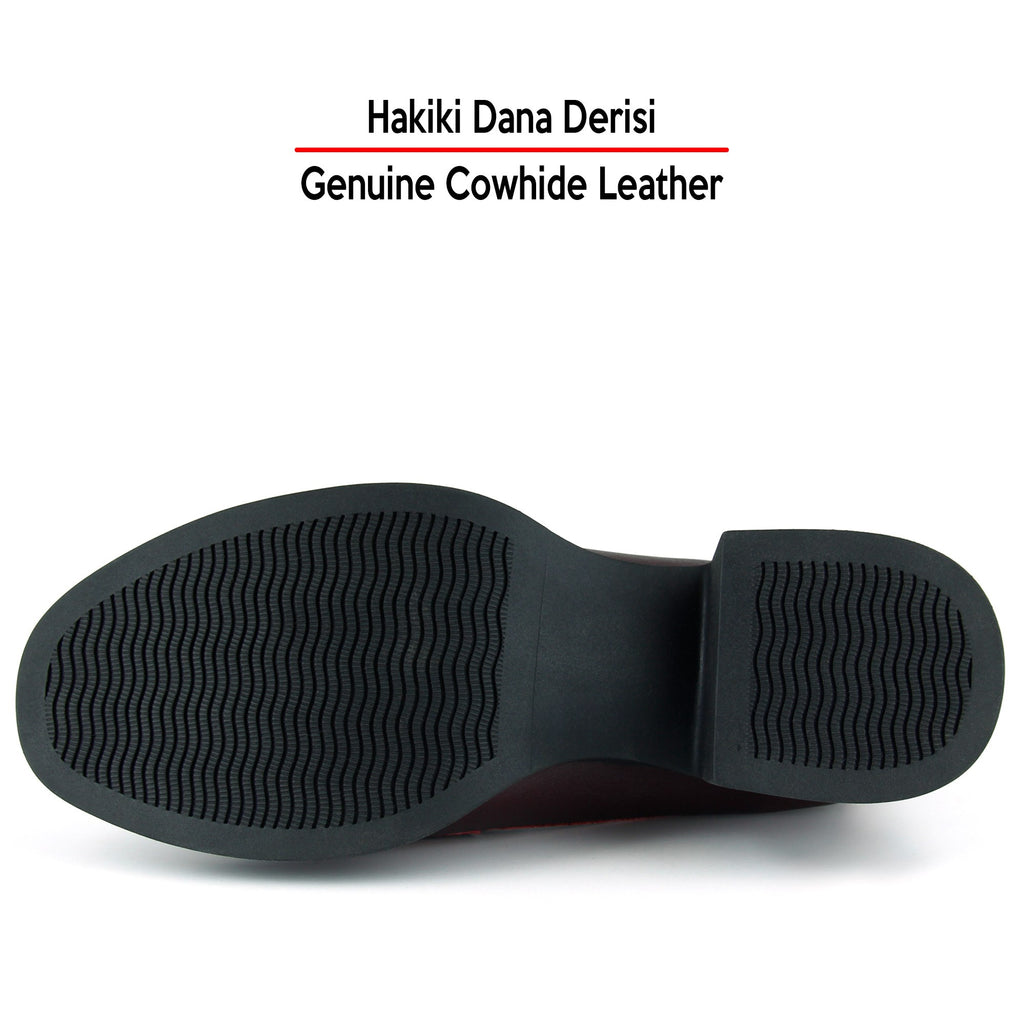 [MAX 54-133] Bordo Hakiki Dana Derisi Rugan Detaylı Tokalı Kalın Topuklu Günlük Loafer Ayakkabı