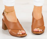 Soleil Taba Hakiki Dana Derisi Çapraz Bantlı Kalın Topuklu Rahat Günlük Sandalet