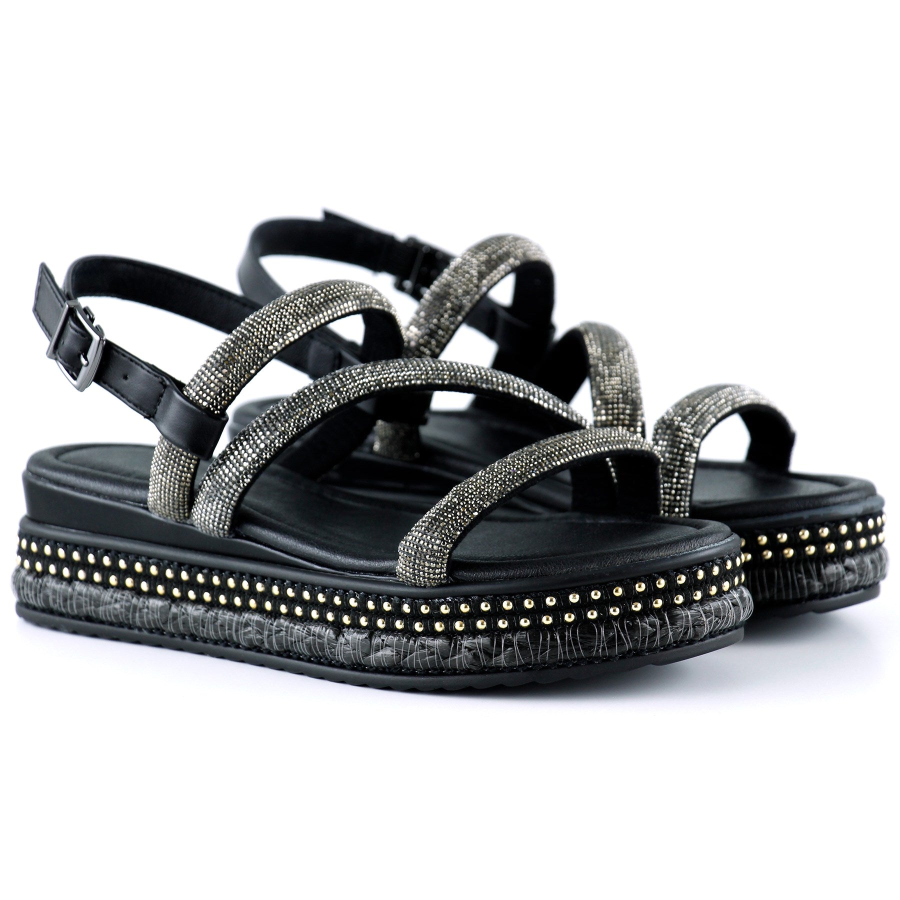 [7027] Siyah Üç Bant Taşlı İnci Detaylı Zikzak Örgülü Platform Sandalet